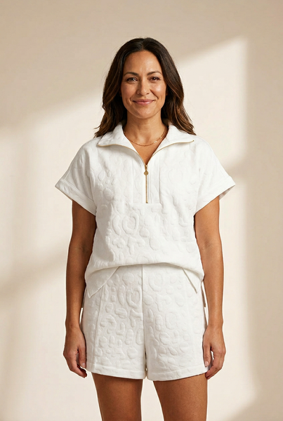Women's White Leopard Jacquard Quarter Zip Tee and Shorts Set