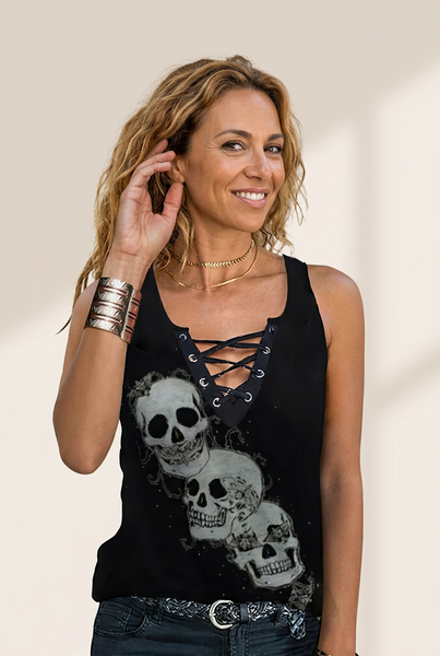 Women's V-Neck Lace-Up Skull Tank Top made for easy styling and wardrobe coordination, with premium-like structure and finish.