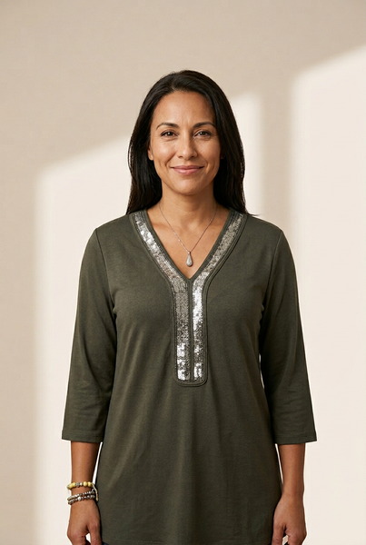 Women's Sequin Accent Top with practical styling and dependable silhouette control.