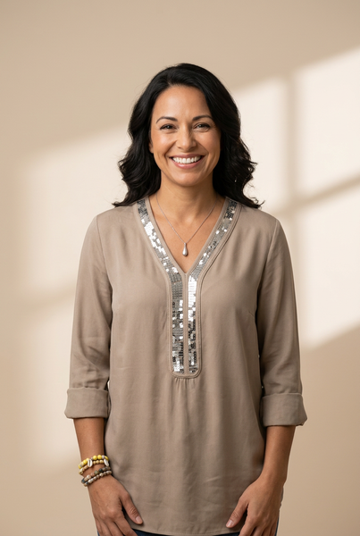 Women's Sequin Accent Top with practical styling and dependable silhouette control.