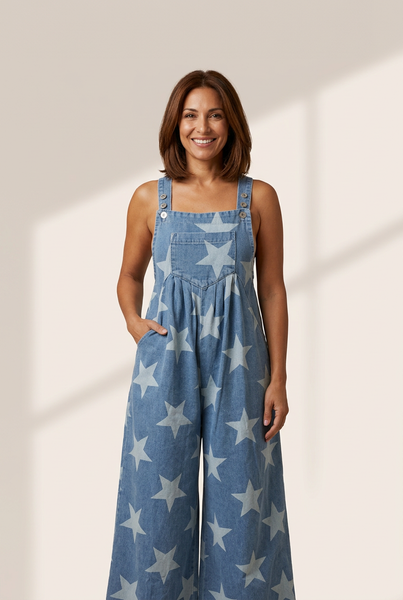 Women's Star Print Buttoned Strap Pleat Wide Leg Denim Overall