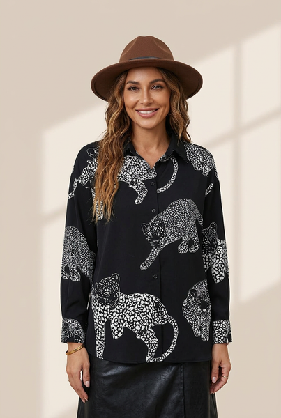 women's animal print shirt made for easy styling and wardrobe coordination, with premium-like structure and finish. with practical styling and