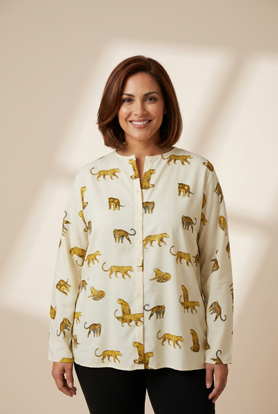 women's animal print shirt made for easy styling and wardrobe coordination, with premium-like structure and finish. with practical styling and