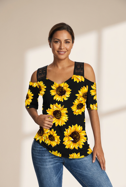 Women's Summer Casual Sunflower Print Off-Shoulder Blouse