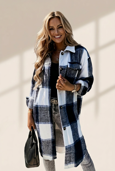 Women's Casual Winter Long Plaid Flannel Jacket
