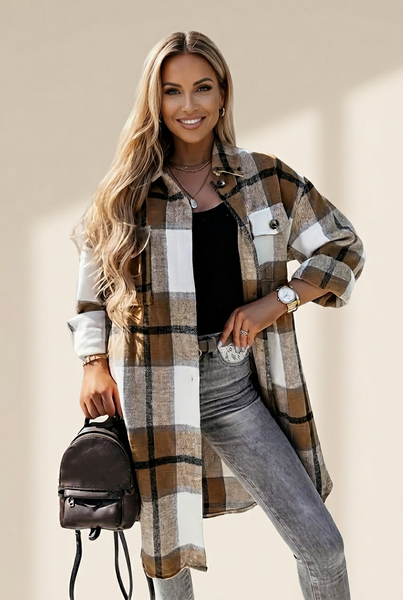 Women's Casual Winter Long Plaid Flannel Jacket