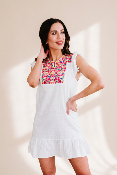 Women's Embroidered Mini Dress with Scalloped Hem
