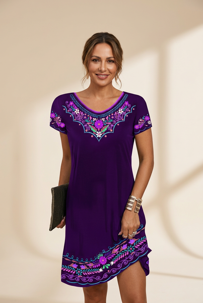 Women's Embroidered Mini Dress with Scalloped Hem