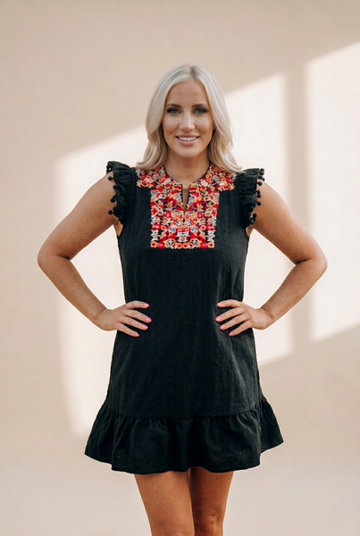 Women's Embroidered Mini Dress with Scalloped Hem