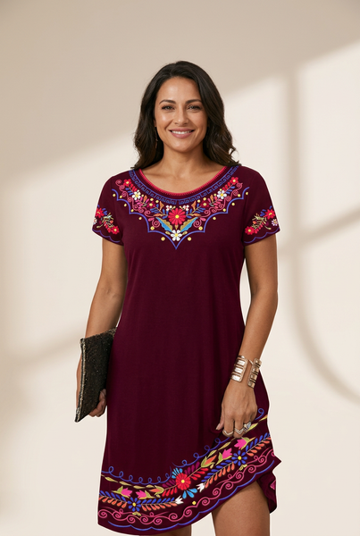 Women's Embroidered Mini Dress with Scalloped Hem