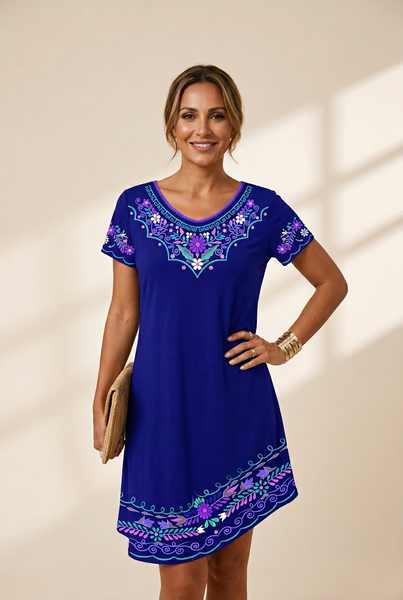 Women's Embroidered Mini Dress with Scalloped Hem