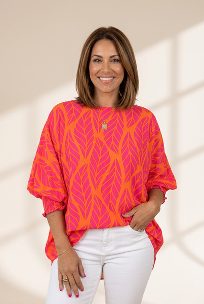 Women's Rose Tropical Leaf Print Smocked Puff Sleeve Blouse