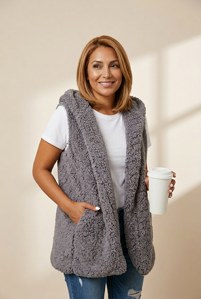 women's warm sherpa sleeveless hoodie vest made for easy styling and wardrobe coordination, with premium-like structure and finish. with practical