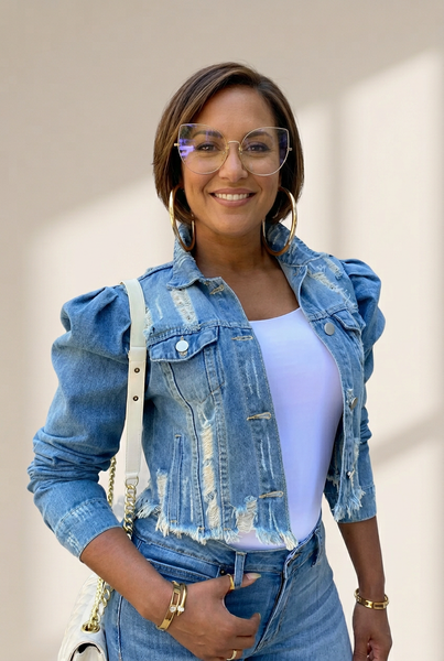 Women's Ripped Raw Hem Puff Sleeve Cropped Denim Jacket