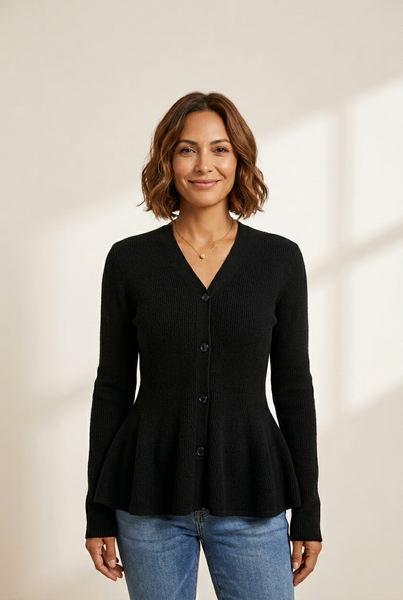 Women's V-Neck Peplum Cardigan made for easy styling and wardrobe coordination, with premium-like structure and finish.