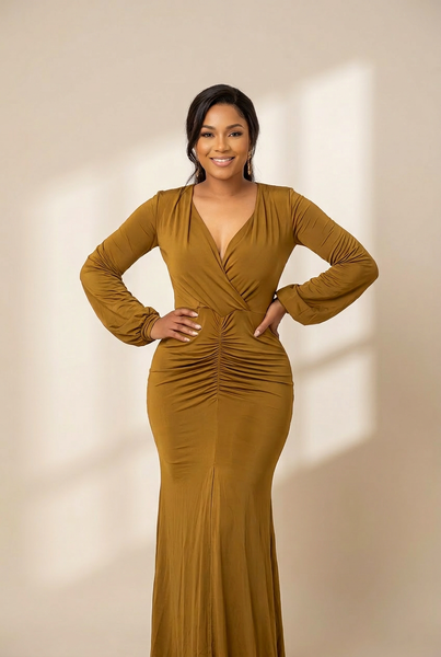 Women's Ruched V-Neck Long Sleeve Slim Maxi Dress