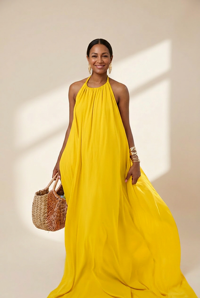 Solid Halter Neck Open Back Sleeveless Dress with practical styling and dependable silhouette control.