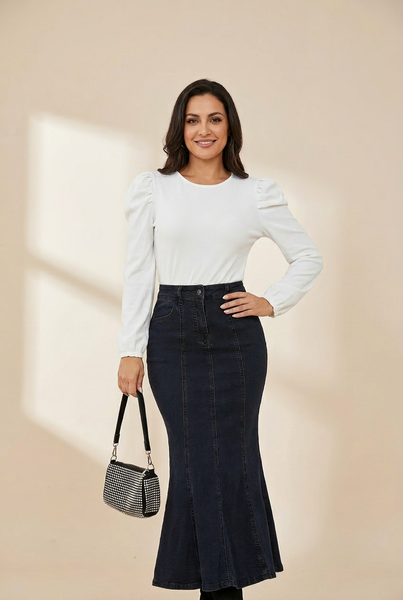 Dark Wash Denim Mermaid Skirt with practical styling and dependable silhouette control.