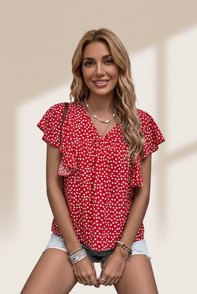 Women's Layered Plaid Short Sleeve V-Neck Lotus Leaf Blouses