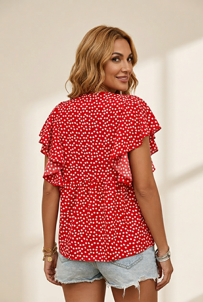 Women's Layered Plaid Short Sleeve V-Neck Lotus Leaf Blouses