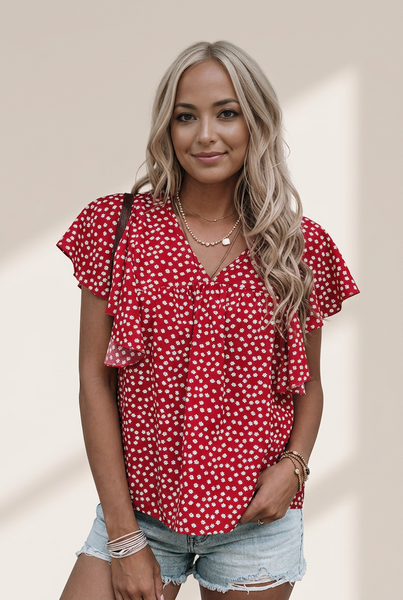 Women's Layered Plaid Short Sleeve V-Neck Lotus Leaf Blouses