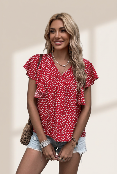 Women's Layered Plaid Short Sleeve V-Neck Lotus Leaf Blouses