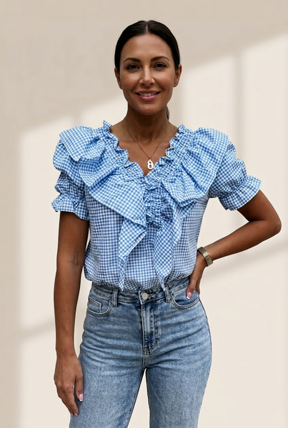 Women's Layered Plaid Short Sleeve V-Neck Lotus Leaf Blouses