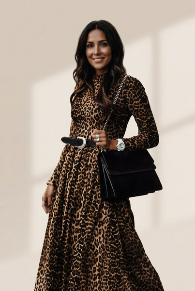 Women's Leopard Print Vintage Round Neck Long Sleeve Dress