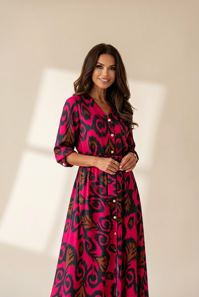 Women's Fashion Print V Neck Long Sleeve Midi Dress