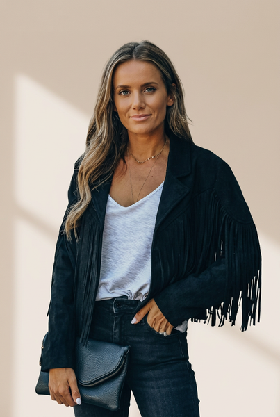 Fringe Trim Suede Jacket for Women with practical styling and dependable silhouette control.