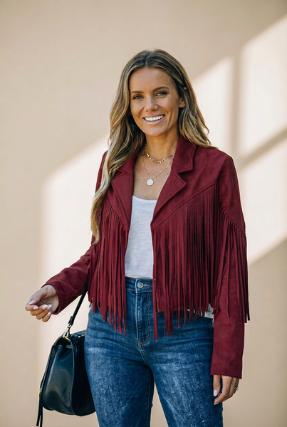 Fringe Trim Suede Jacket for Women with practical styling and dependable silhouette control.