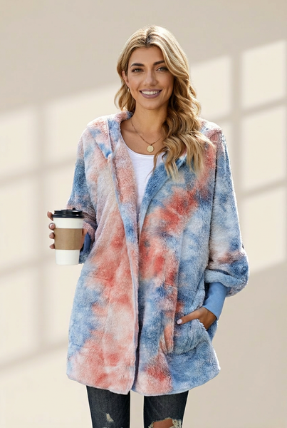 Women's Plush Hooded Pocket Zipper Coat in Coats with versatile layering silhouettes