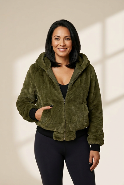 Women's Plush Hooded Pocket Zipper Coat in Coats with versatile layering silhouettes