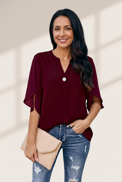 Women's Casual V-Neck Short Sleeve Chiffon Blouse