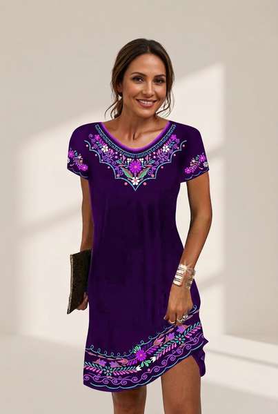 Women's Shift Mini Dress Women's Ethnic Short Sleeve Floral Print Summer Dress