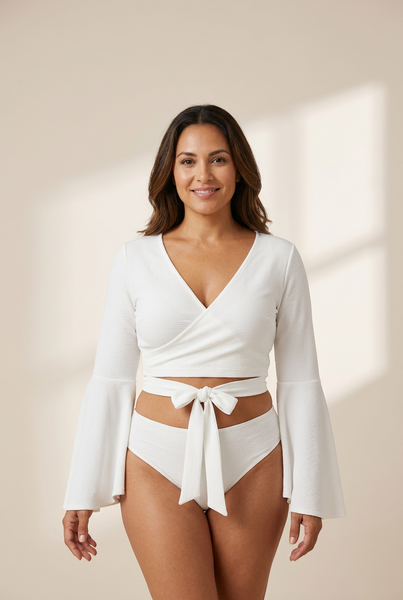 Women's Bell Sleeve Self-Tie Crop Top in Crop Tops with versatile layering silhouettes