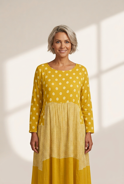 Women's Polka Dot Long Sleeve Dress with Round Neck and Pockets