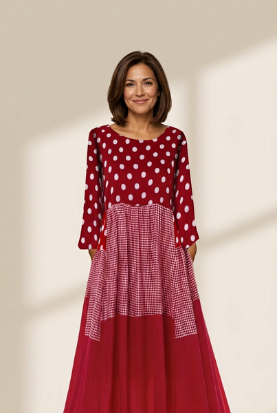Women's Polka Dot Long Sleeve Dress with Round Neck and Pockets