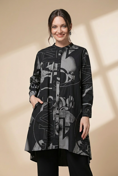 Women's Size Curve Blouses Stand Collar Fashion Printed Long Sleeve Blouse