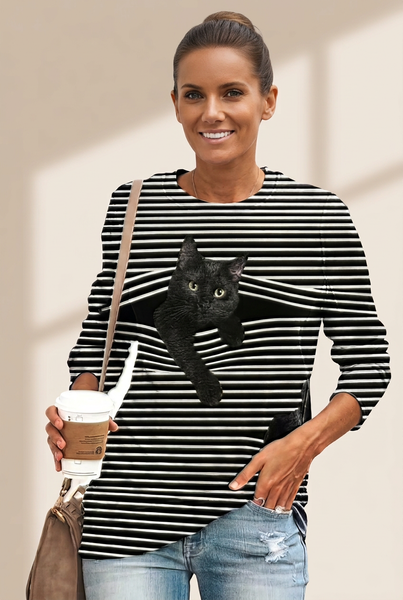 Women's Black Cat Graphic Striped Plus Size Long Sleeve Tee