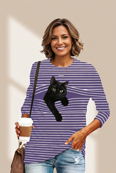 Women's Black Cat Graphic Striped Plus Size Long Sleeve Tee