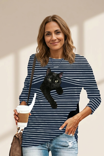 Women's Black Cat Graphic Striped Plus Size Long Sleeve Tee