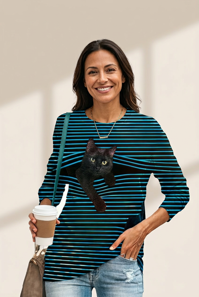 Women's Black Cat Graphic Striped Plus Size Long Sleeve Tee