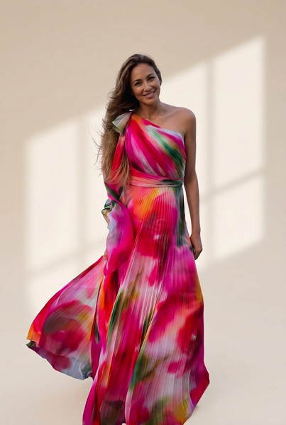 Women's Printed Sloping Shoulder Pleated Dress