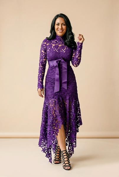 Women's Lace Hollow Long Sleeve Stand Collar Irregular Dress