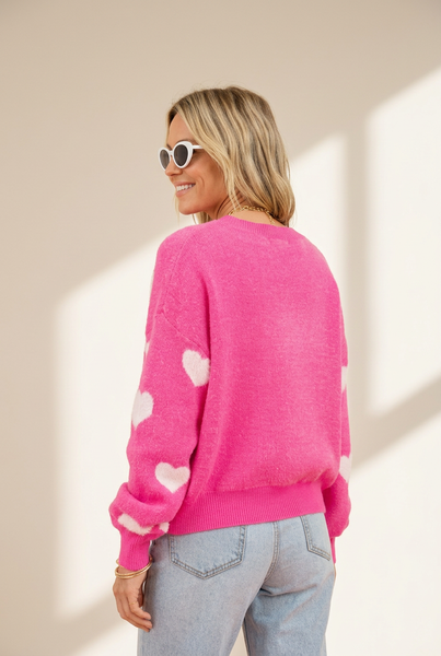 Women's Knit Single-Breasted Heart Cardigan Sweater -Bishop - Barcelet - Closed - Scoop - Jewel
