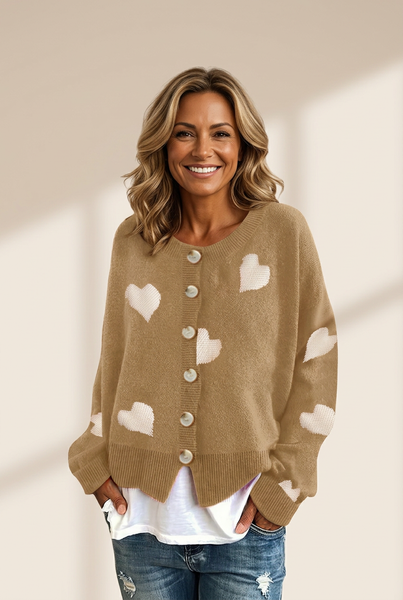 Women's Knit Single-Breasted Heart Cardigan Sweater -Bishop - Barcelet - Closed - Scoop - Jewel