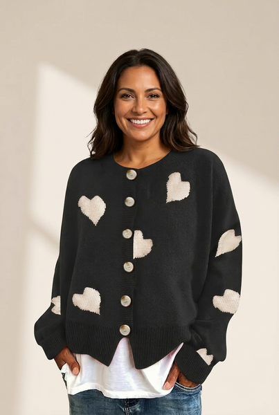 Women's Knit Single-Breasted Heart Cardigan Sweater -Bishop - Barcelet - Closed - Scoop - Jewel