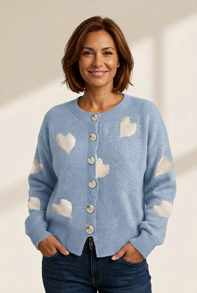 Women's Knit Single-Breasted Heart Cardigan Sweater -Bishop - Barcelet - Closed - Scoop - Jewel