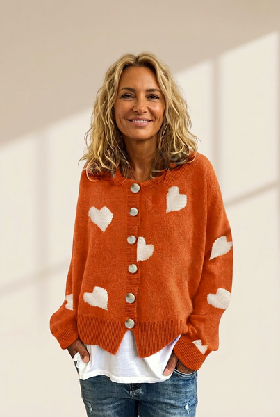 Women's Knit Single-Breasted Heart Cardigan Sweater -Bishop - Barcelet - Closed - Scoop - Jewel